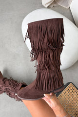 LIVVY Western Fringe Tassel Cowboy Boots - Brown - 3