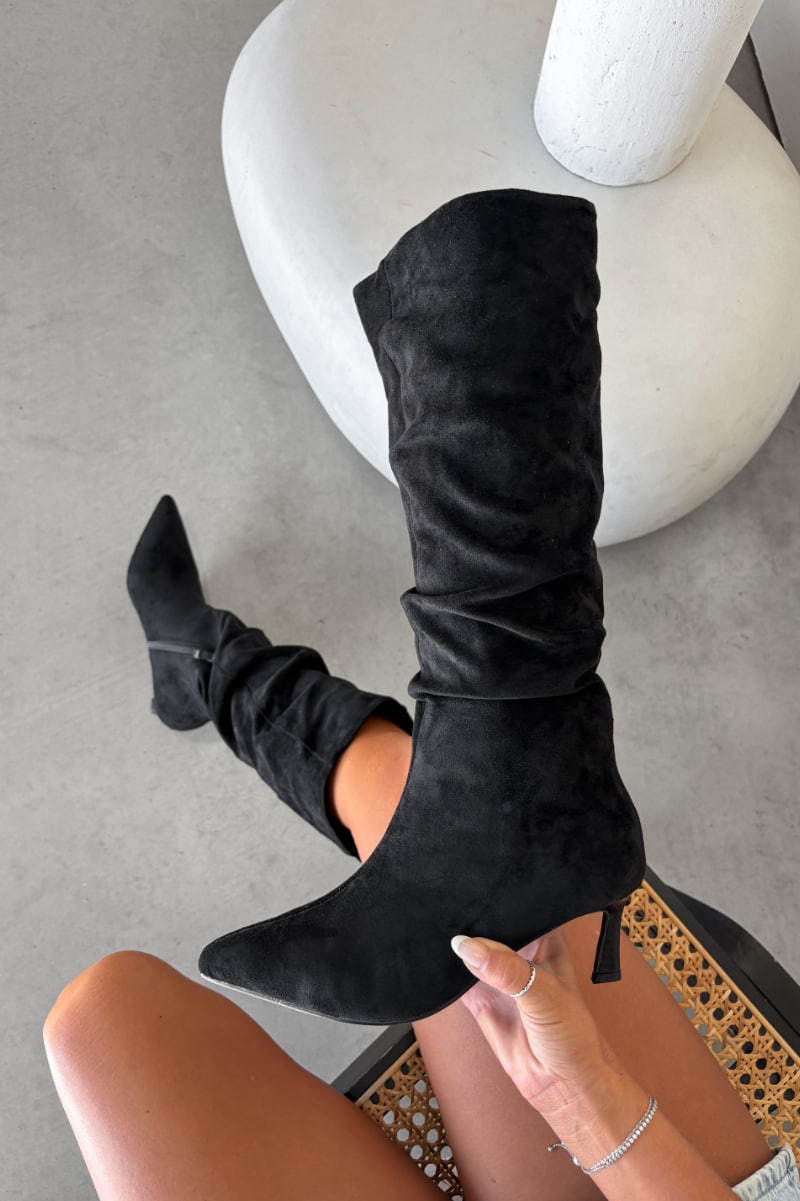 LOLA Ruched Pointed Toe Knee High Heeled Boots  - Black