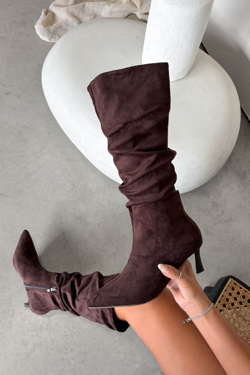 LOLA Ruched Pointed Toe Knee High Heeled Boots  - Brown