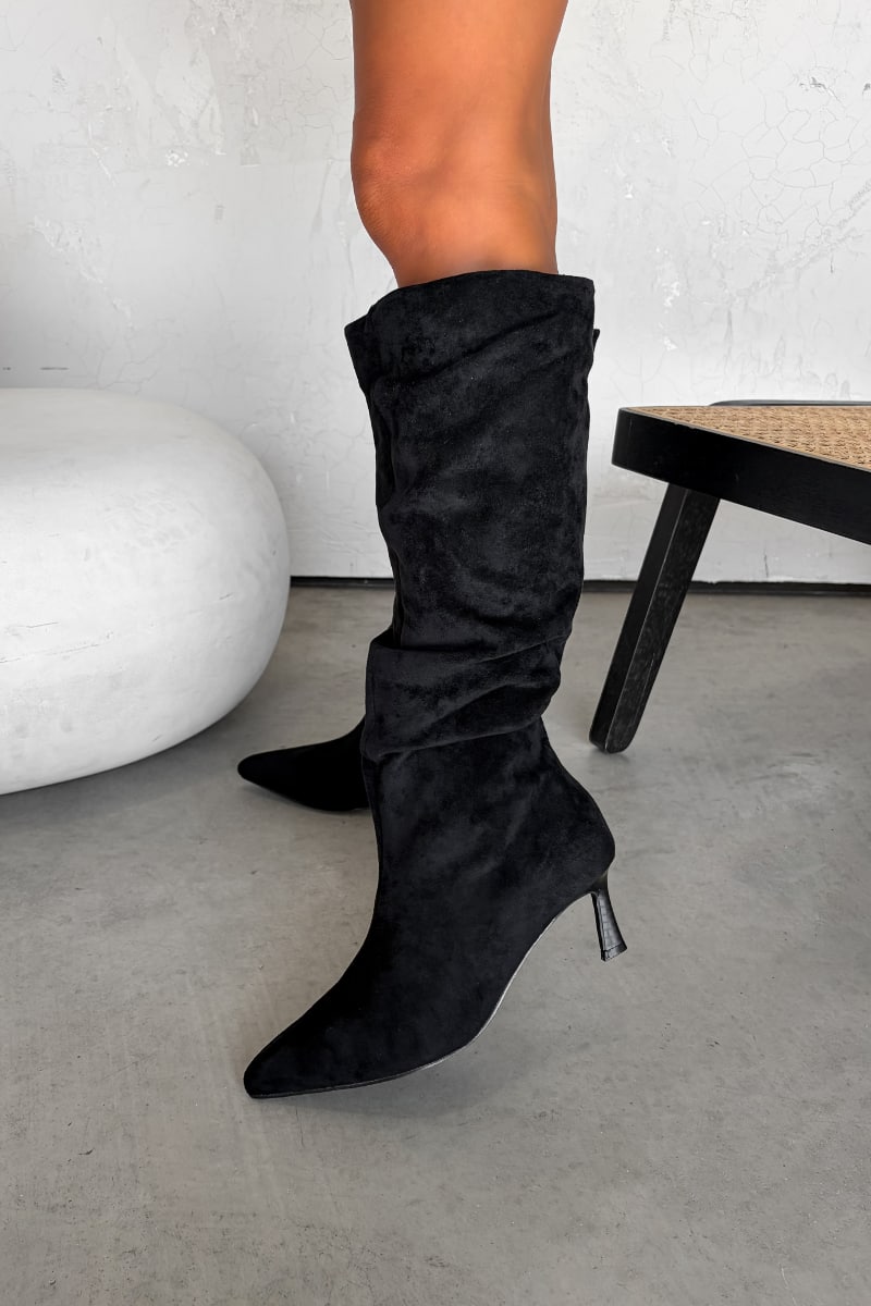 LOLA Ruched Pointed Toe Knee High Heeled Boots  - Black - 2