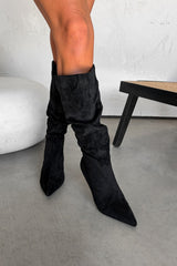 LOLA Ruched Pointed Toe Knee High Heeled Boots  - Black - 3