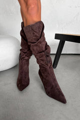 LOLA Ruched Pointed Toe Knee High Heeled Boots  - Brown - 4