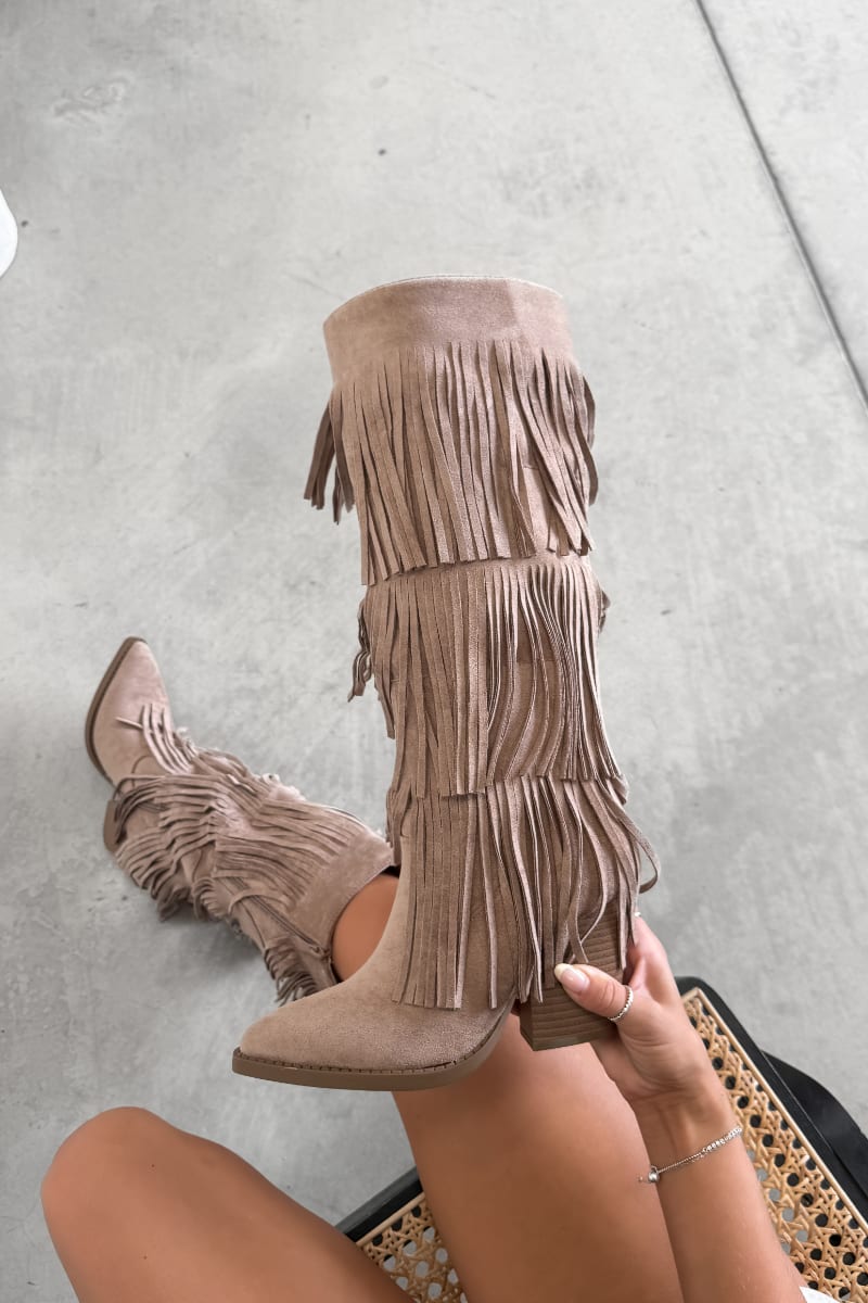 LORI Western Fringe Tassel Cowboy Boots - Beige