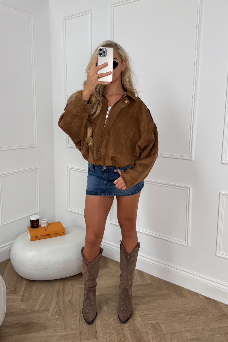 LUANNA Suede Bomber Jacket - Brown - 3
