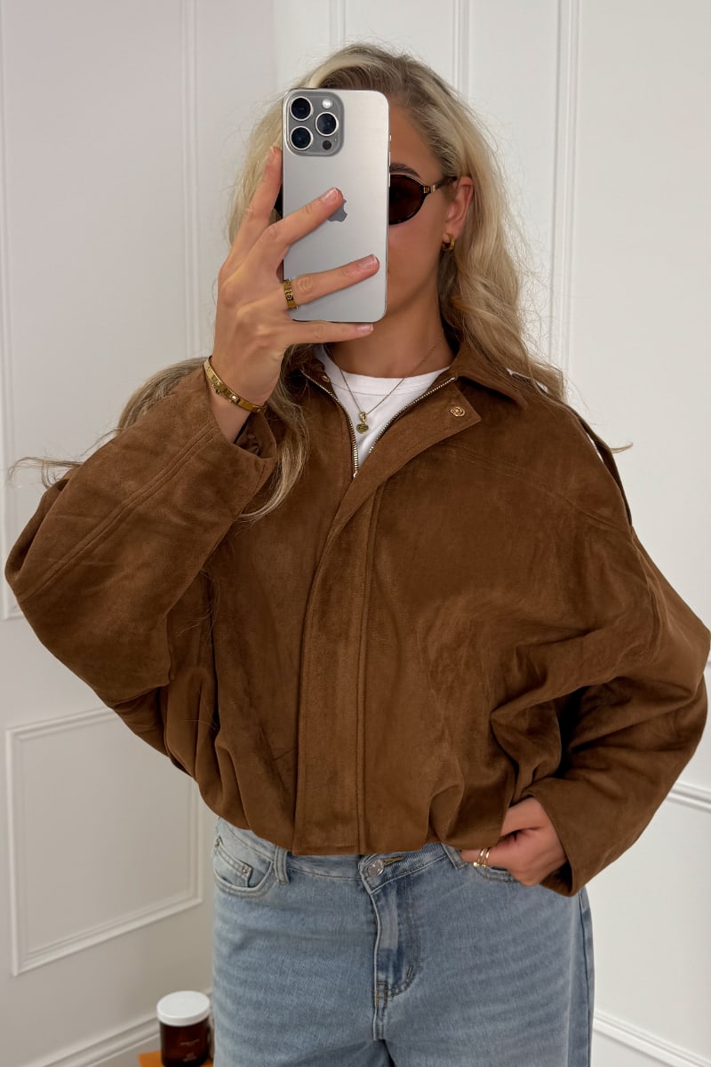 LUANNA Suede Bomber Jacket - Brown - 1
