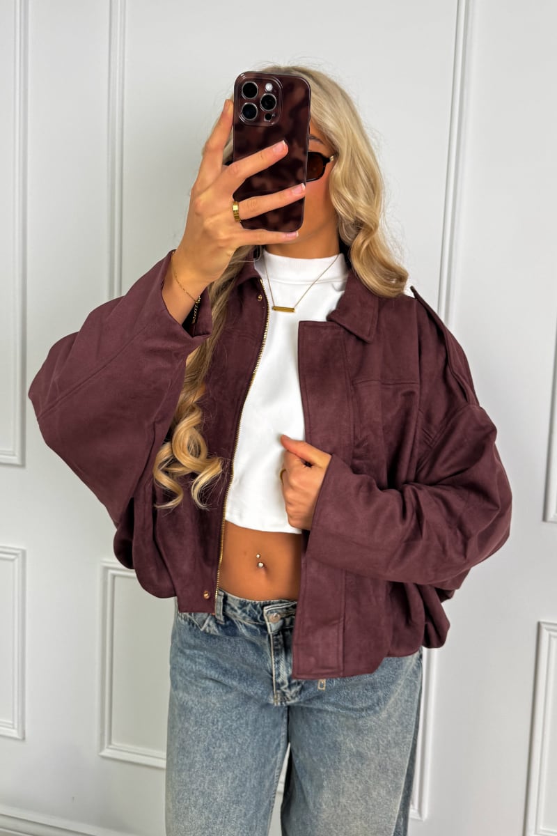 LUANNA Suede Bomber Jacket - Burgundy - 1