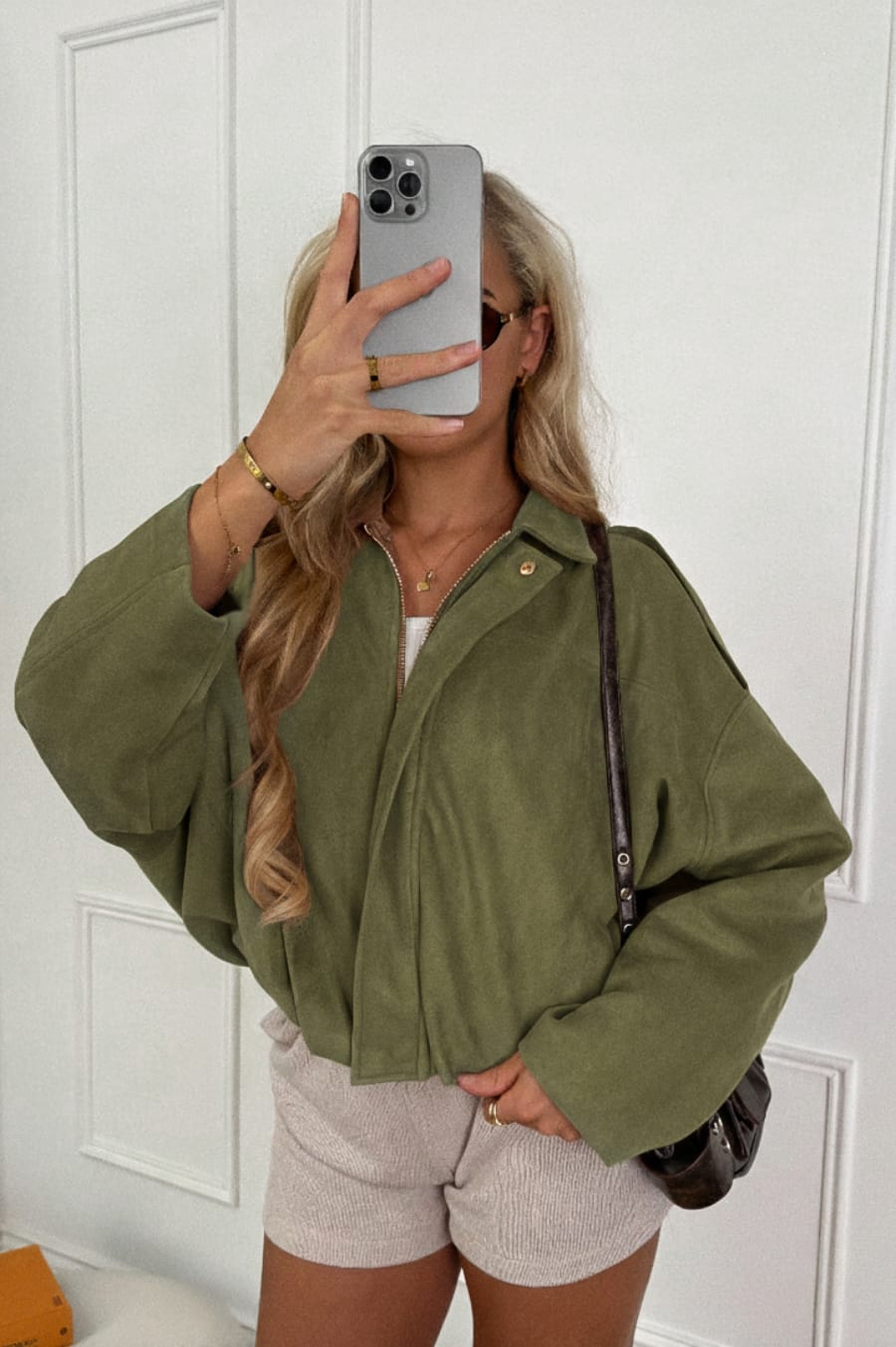 LUANNA Suede Bomber Jacket - Olive