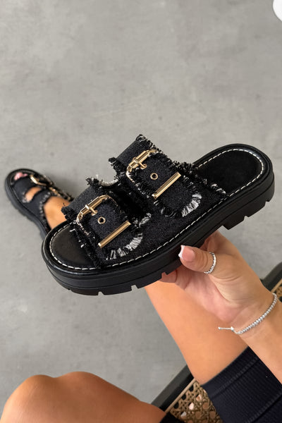 LUCIA Chunky Buckle Slider Sandals Black Denim – AJ VOYAGE