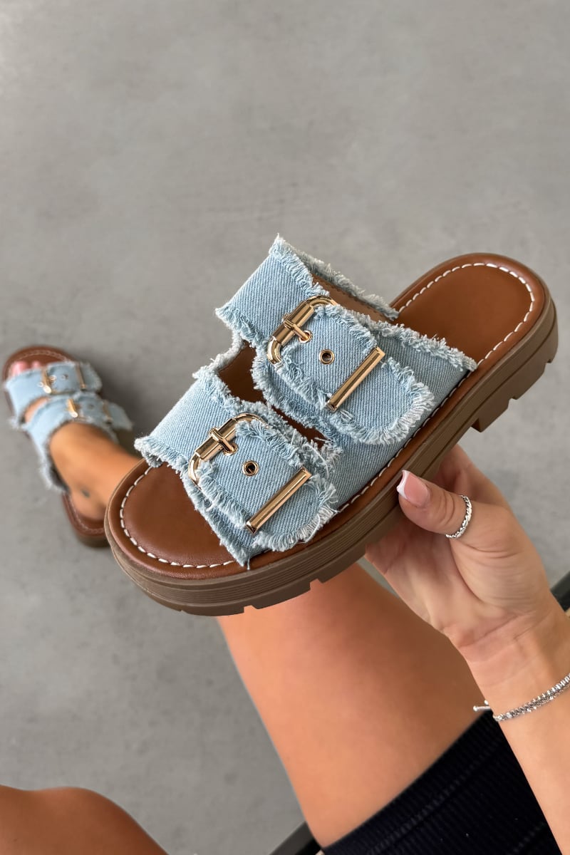 LUCIA Chunky Buckle Slider Sandals - Light Denim - 2