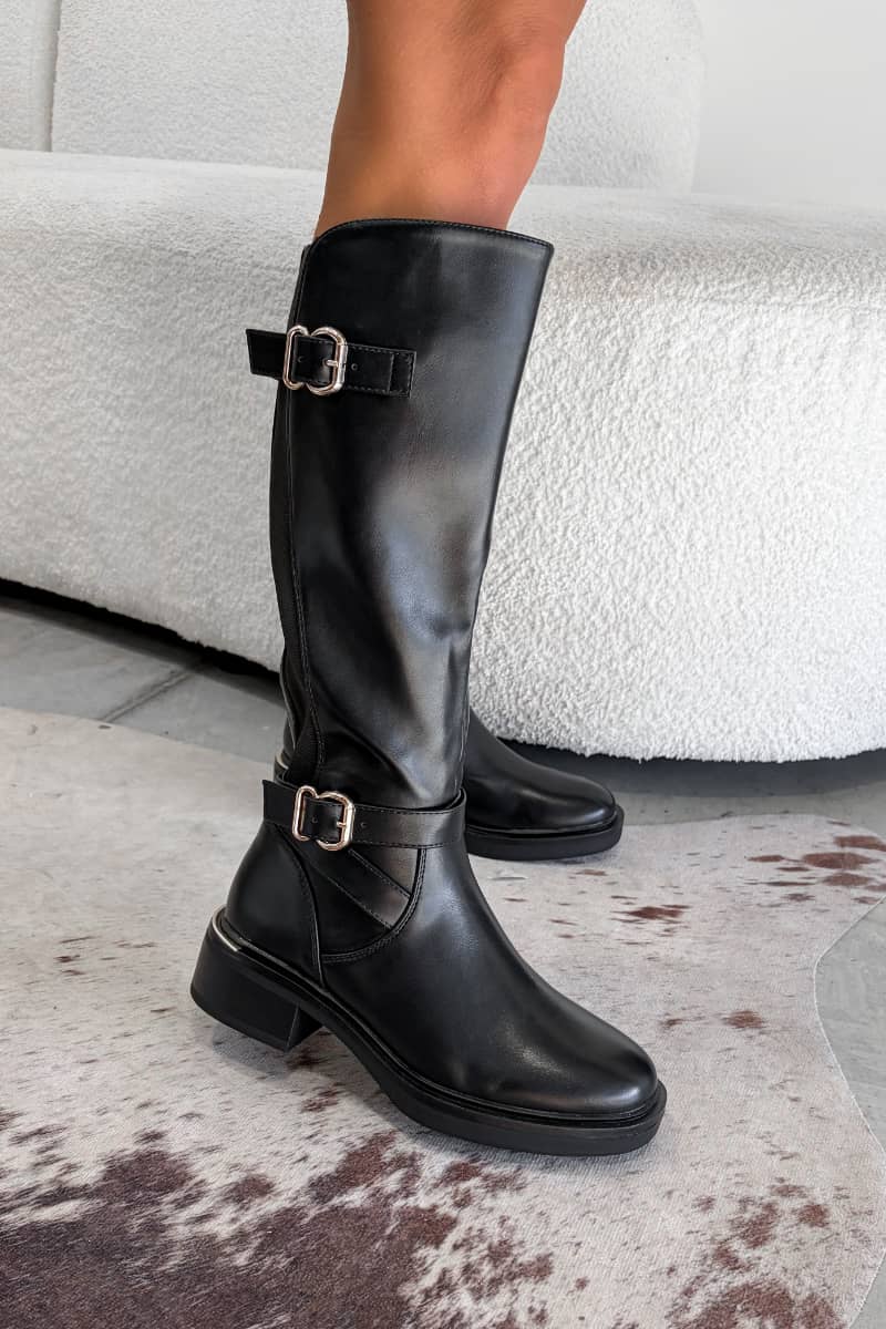 LUCY Buckle Detail Knee High Boots - Black
