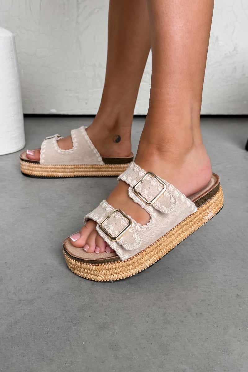 LUCY Double Buckle Rattan Sandals - Beige - 2