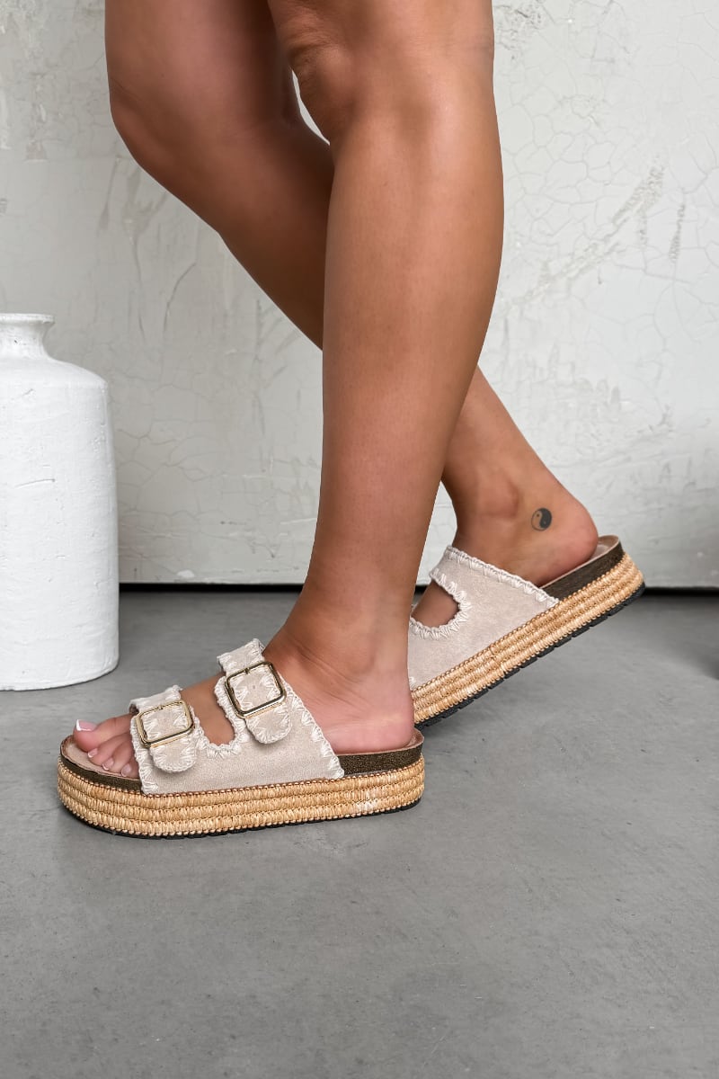 LUCY Double Buckle Rattan Sandals - Beige - 3