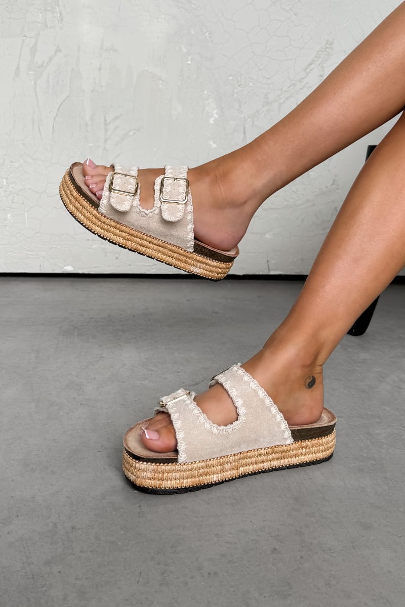 LUCY Double Buckle Rattan Sandals - Beige - 4