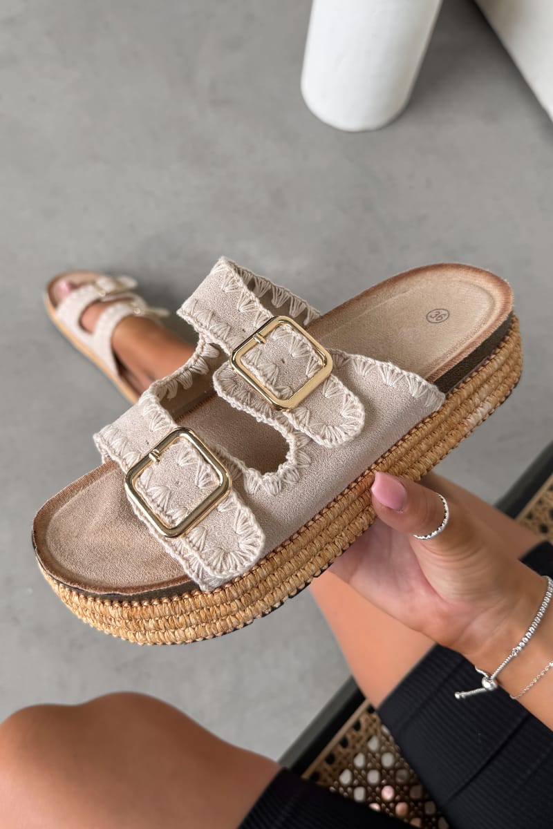 LUCY Double Buckle Rattan Sandals - Beige