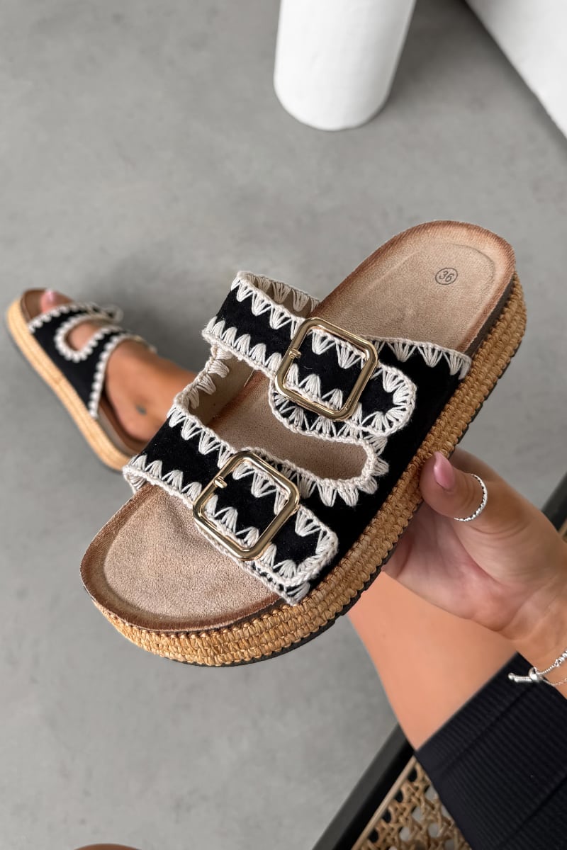 LUCY Double Buckle Rattan Sandals - Black