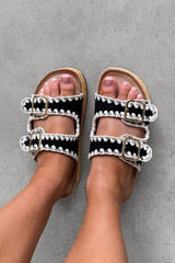 LUCY Double Buckle Rattan Sandals - Black - 1