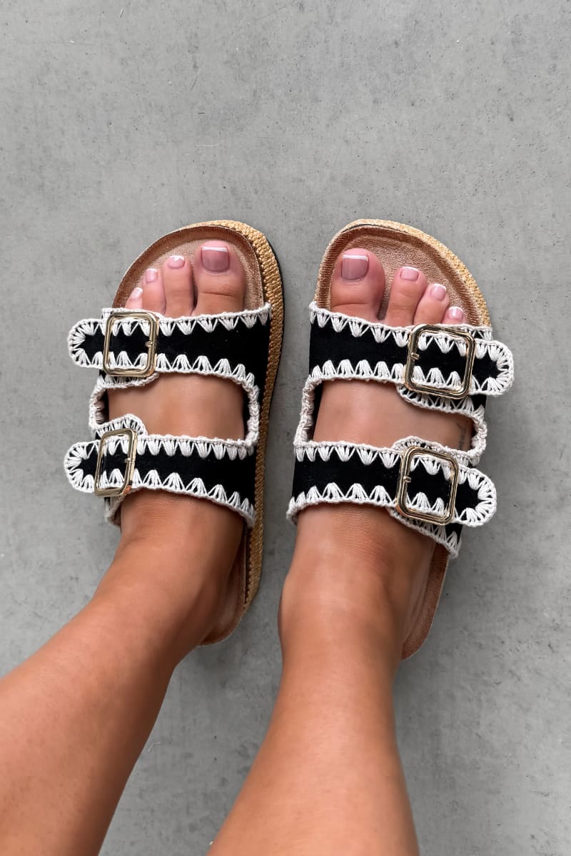 LUCY Double Buckle Rattan Sandals - Black - 1