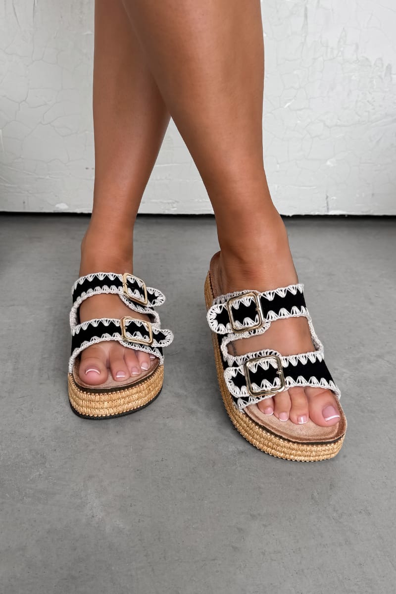 LUCY Double Buckle Rattan Sandals - Black - 2
