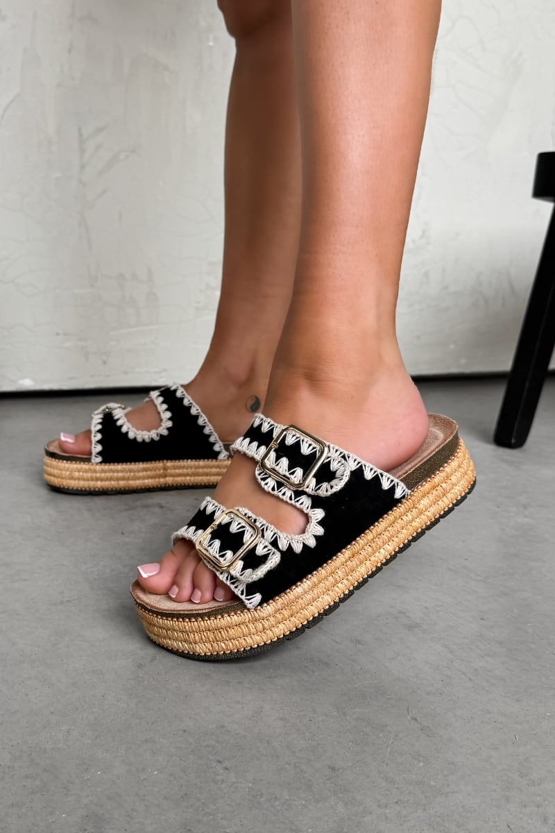 LUCY Double Buckle Rattan Sandals - Black - 4