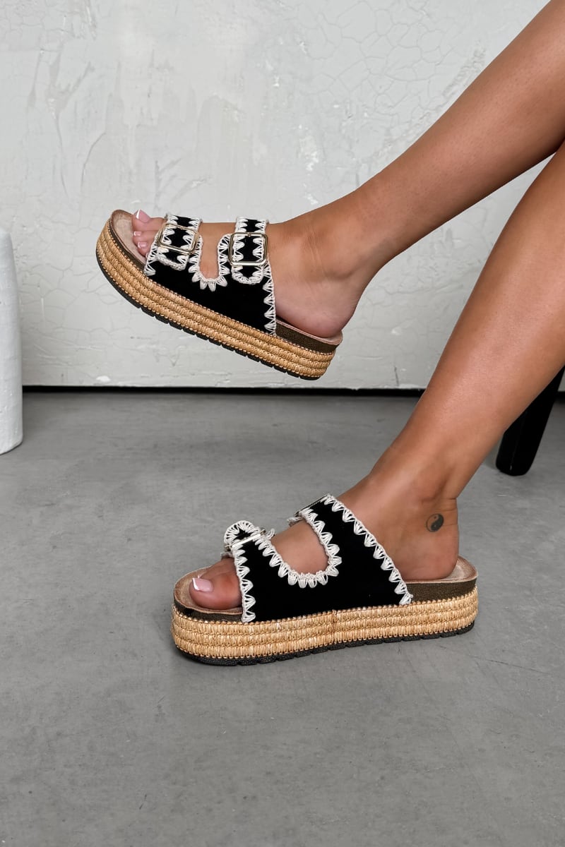 LUCY Double Buckle Rattan Sandals - Black