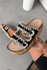 LUCY Double Buckle Rattan Sandals - Black