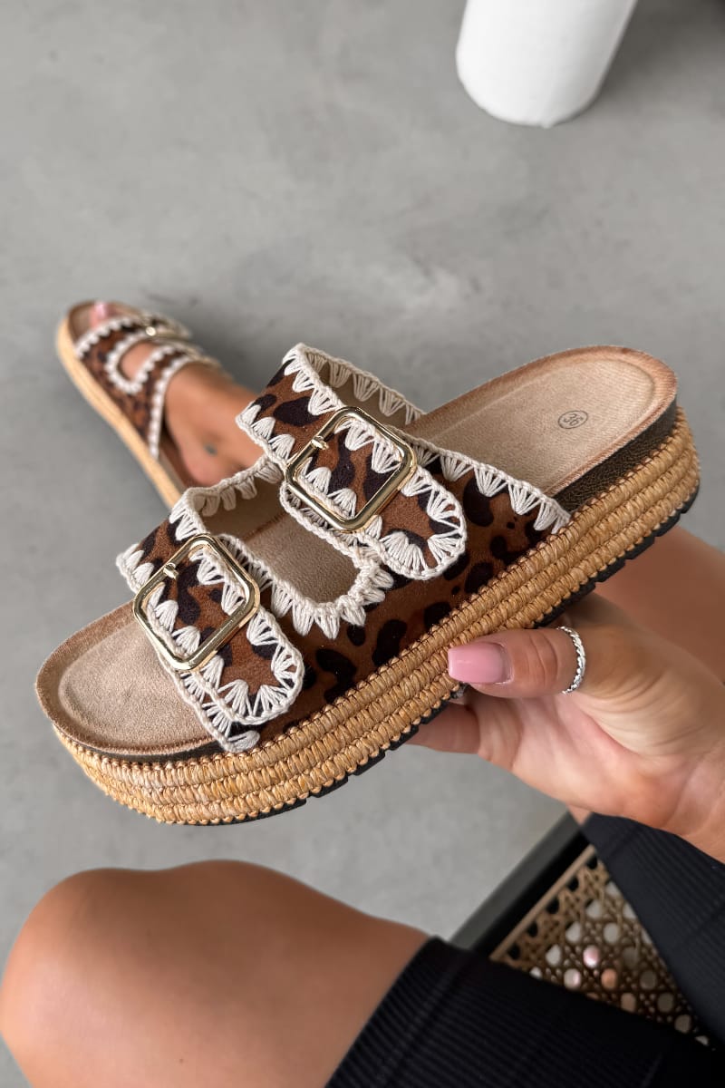 LUCY Double Buckle Rattan Sandals - Leopard