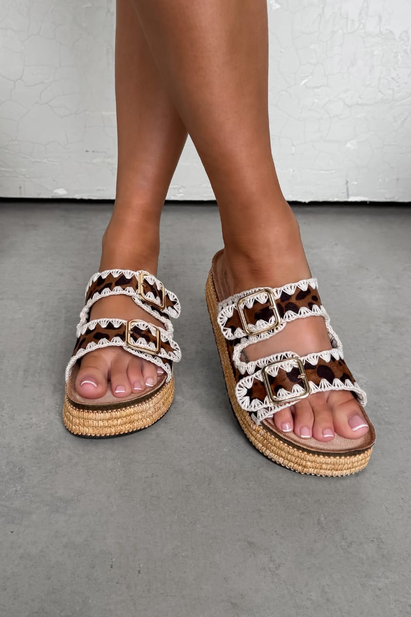 LUCY Double Buckle Rattan Sandals - Leopard - 2