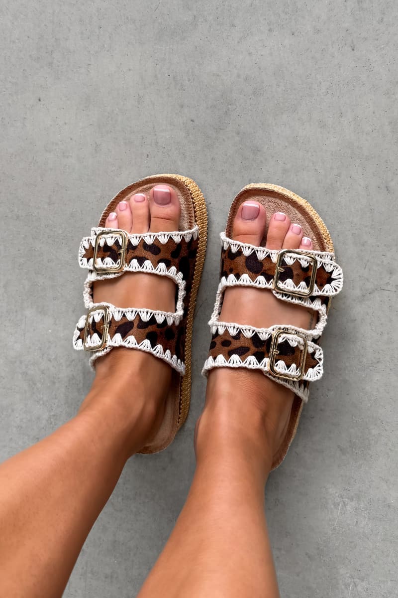LUCY Double Buckle Rattan Sandals - Leopard - 1