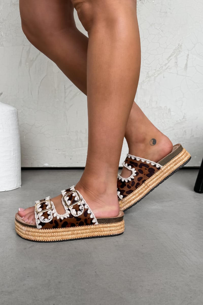 LUCY Double Buckle Rattan Sandals - Leopard - 4