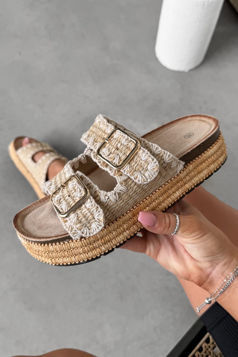 LUCY Double Buckle Rattan Sandals - Taupe