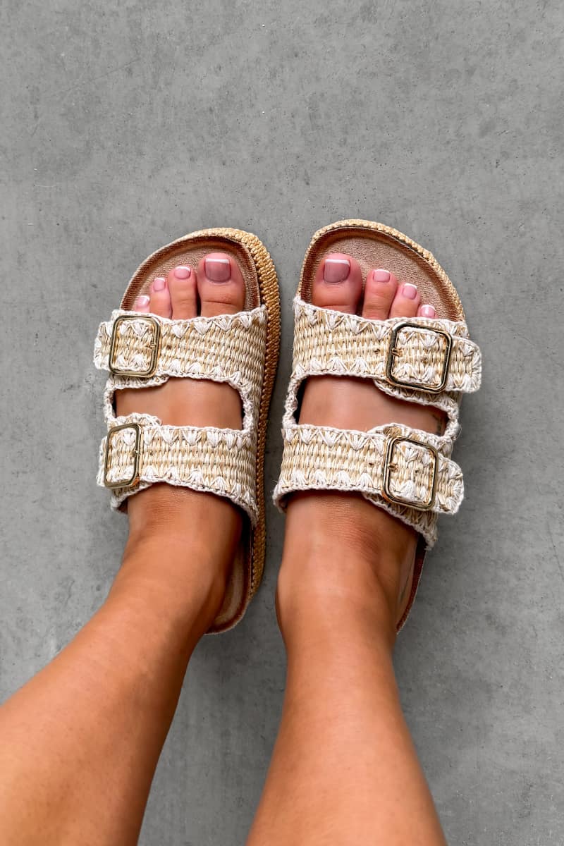 LUCY Double Buckle Rattan Sandals - Taupe - 1