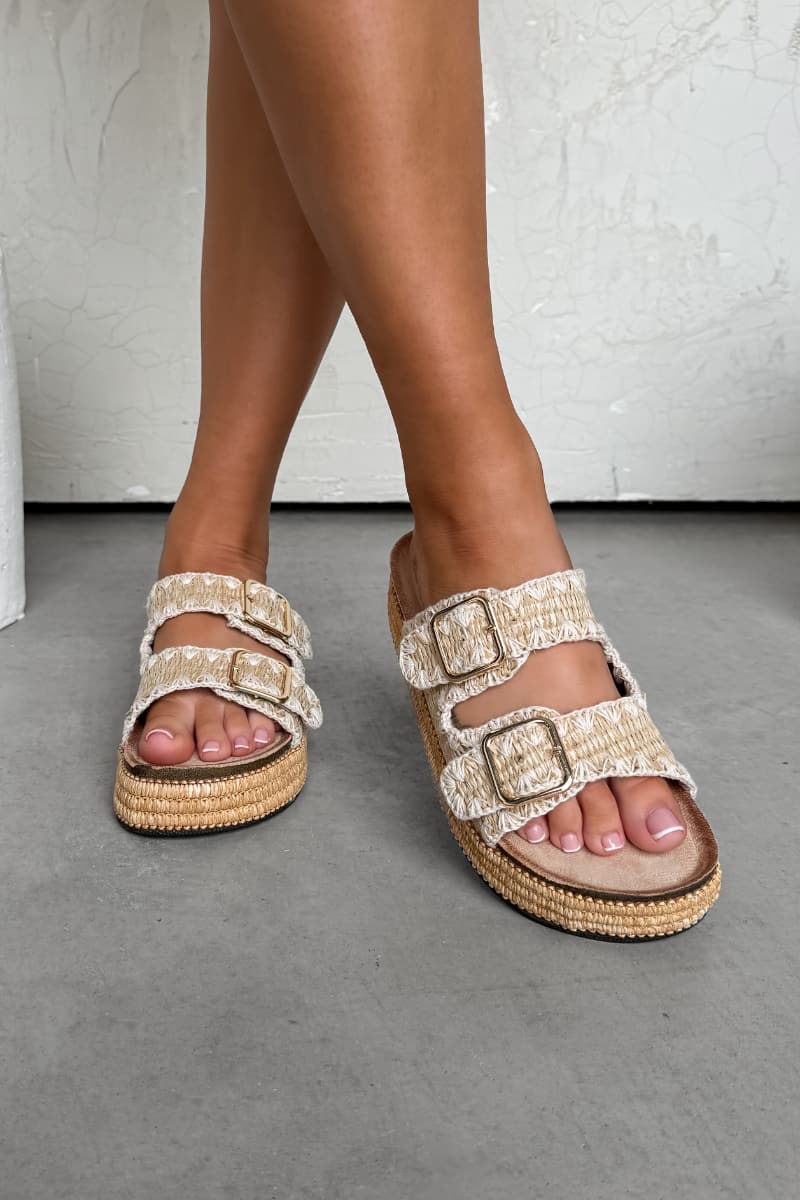 LUCY Double Buckle Rattan Sandals - Taupe - 2