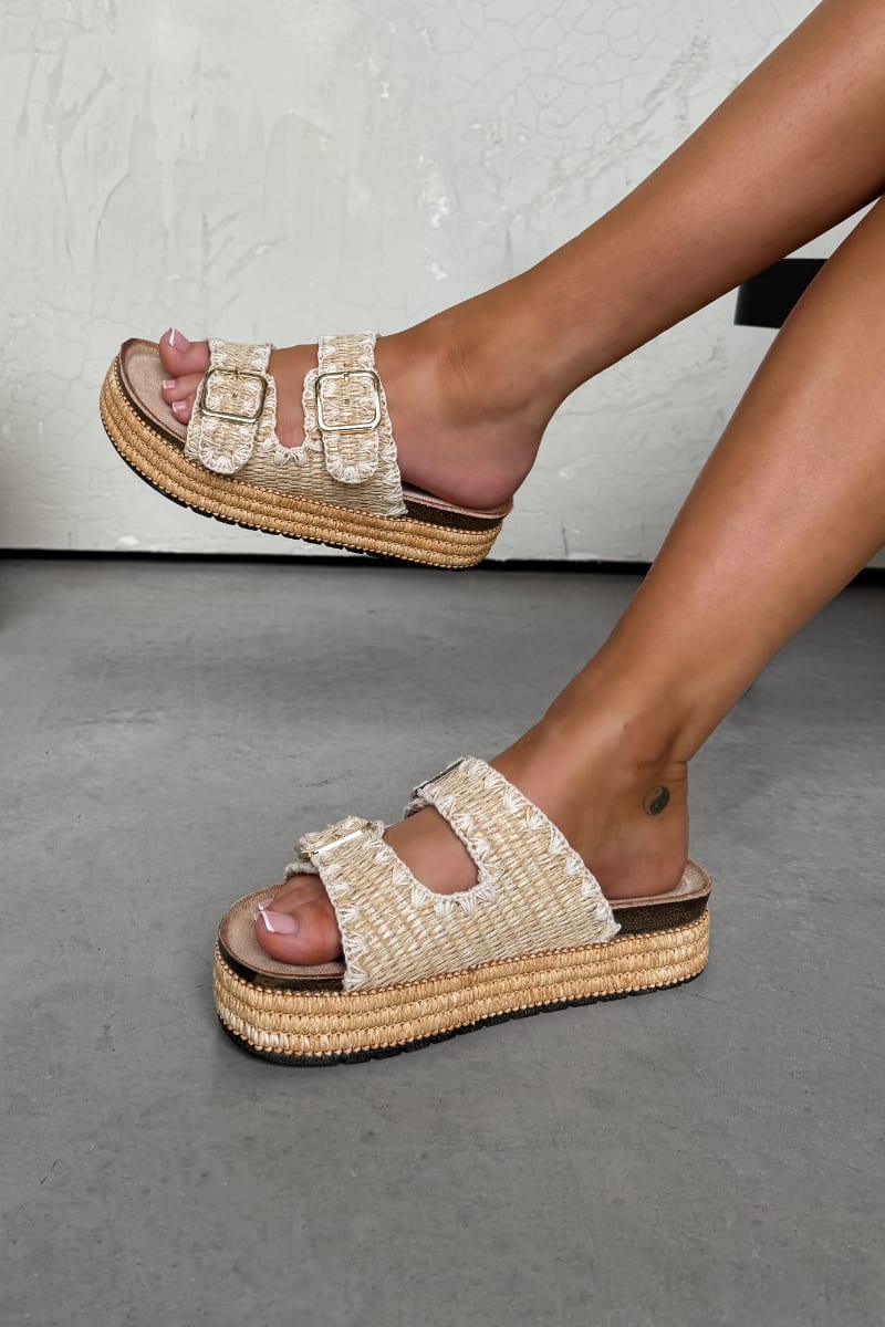 LUCY Double Buckle Rattan Sandals - Taupe