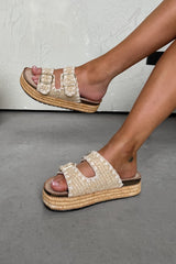 LUCY Double Buckle Rattan Sandals - Taupe
