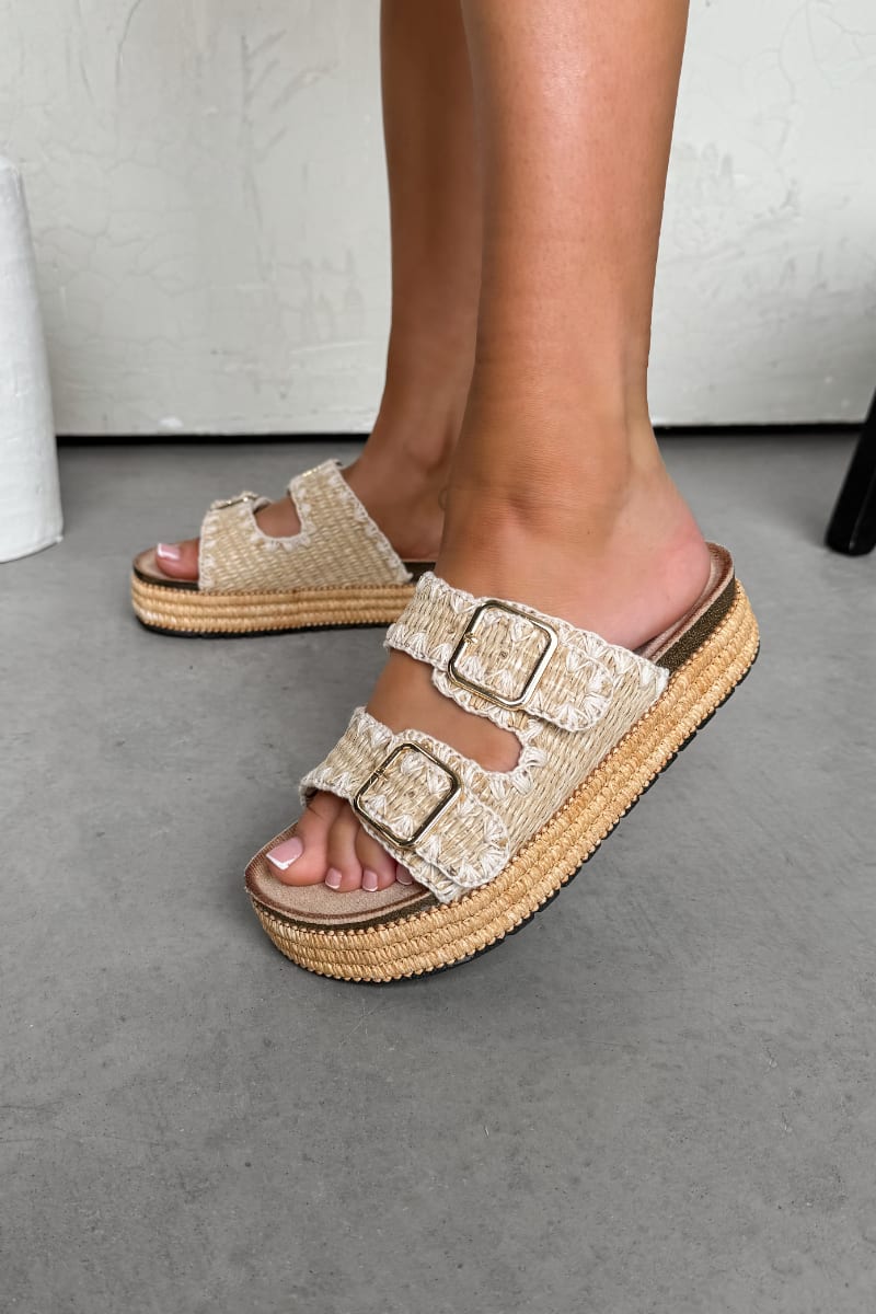 LUCY Double Buckle Rattan Sandals - Taupe