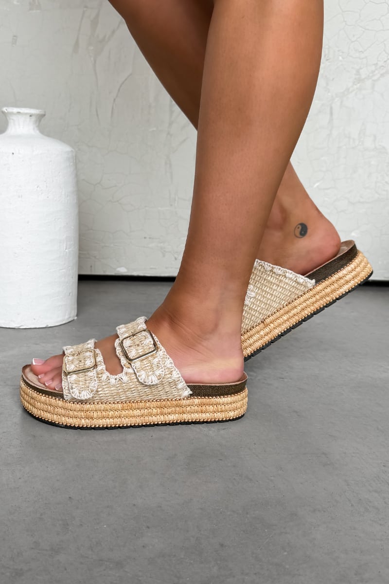 LUCY Double Buckle Rattan Sandals - Taupe