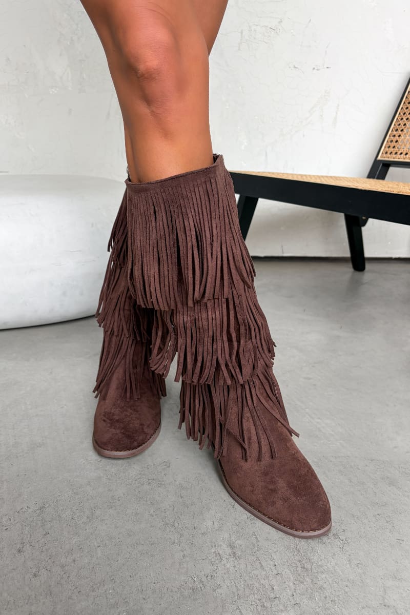 LIVVY Western Fringe Tassel Cowboy Boots - Brown