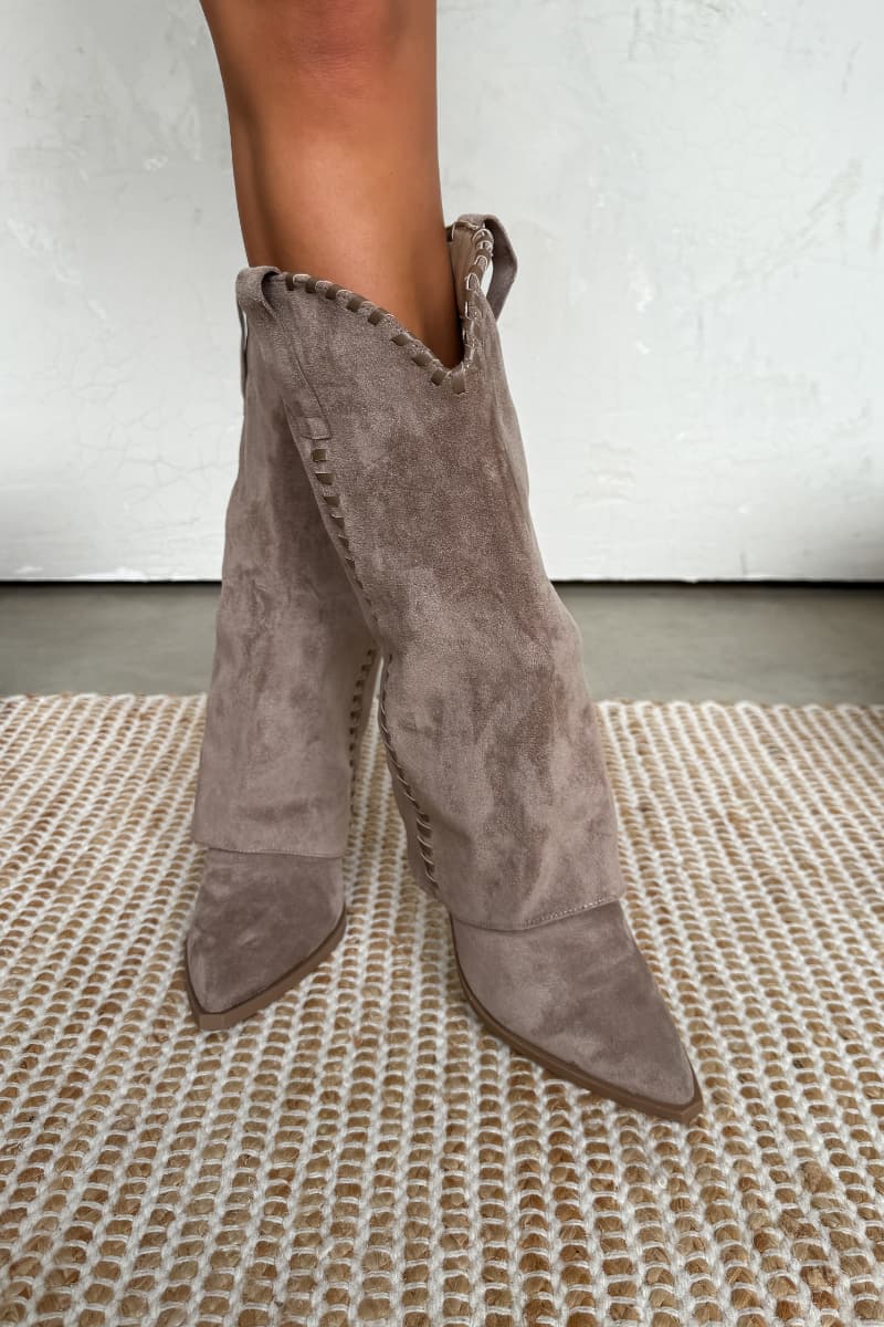 MABEL Fold Over Cowboy Western Boots - Taupe Suede - 2