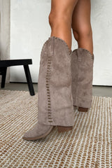 MABEL Fold Over Cowboy Western Boots - Taupe Suede - 3