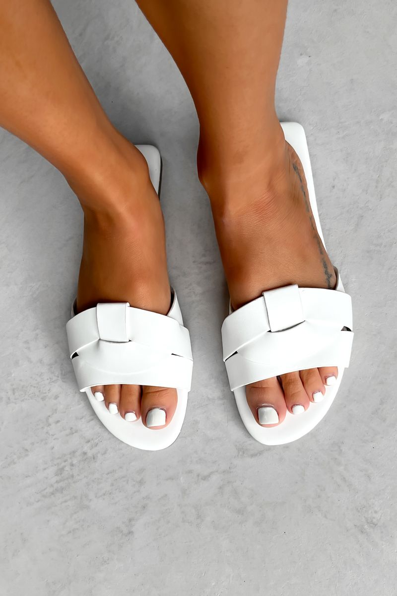MADDISON Woven Strap Flat Slider Sandal - White