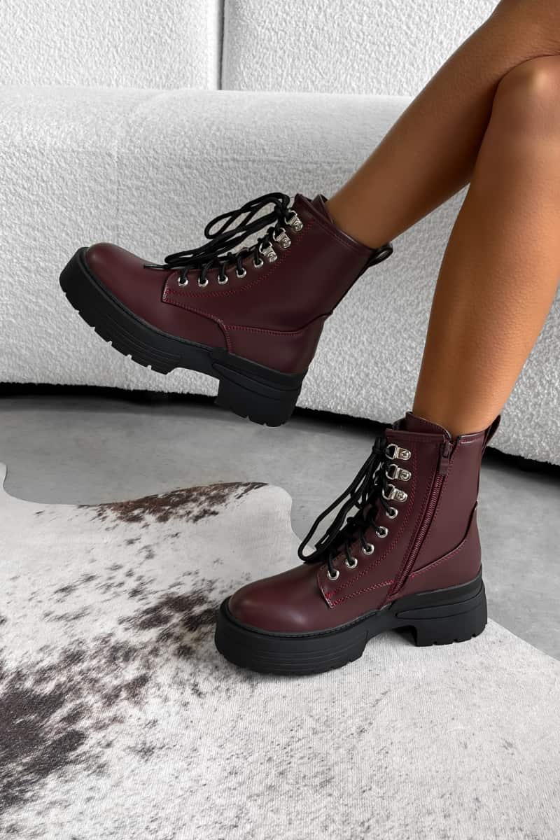 MAE Chunky Platform Ankle Boots Burgundy AJ VOYAGE