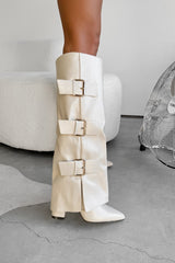 MAEDA Knee High Buckle Boots - Beige PU