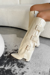 MAEDA Knee High Buckle Boots - Beige PU