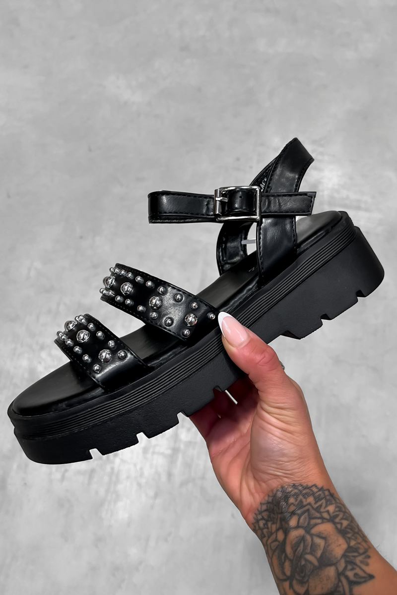 MAISIE Chunky Studded Buckle Sandals - Black