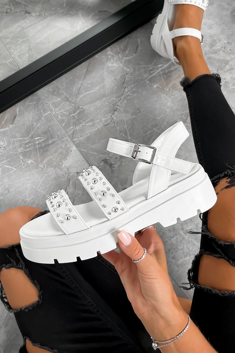 MAISIE Chunky Studded Buckle Sandals - White