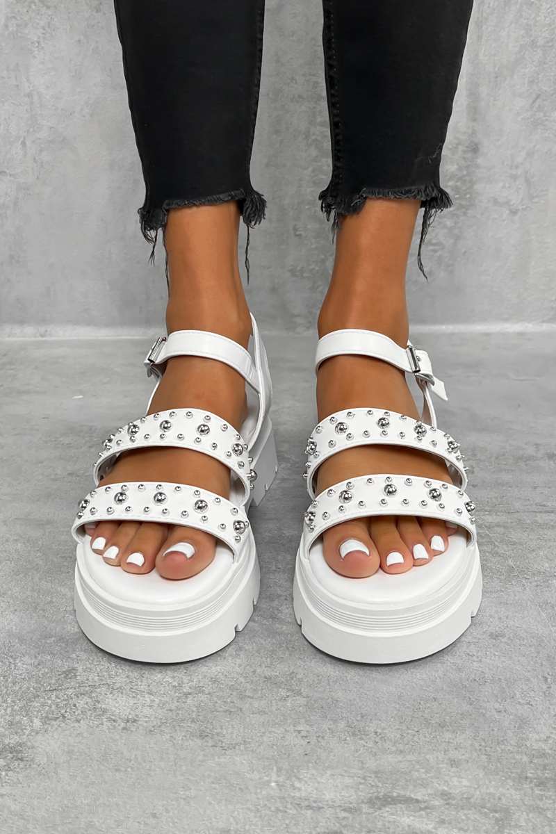 MAISIE Chunky Studded Buckle Sandals - White - 4