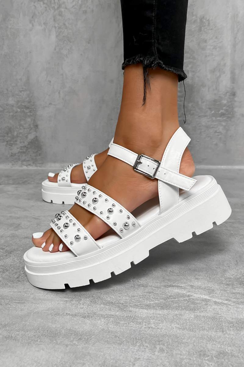 MAISIE Chunky Studded Buckle Sandals - White - 2