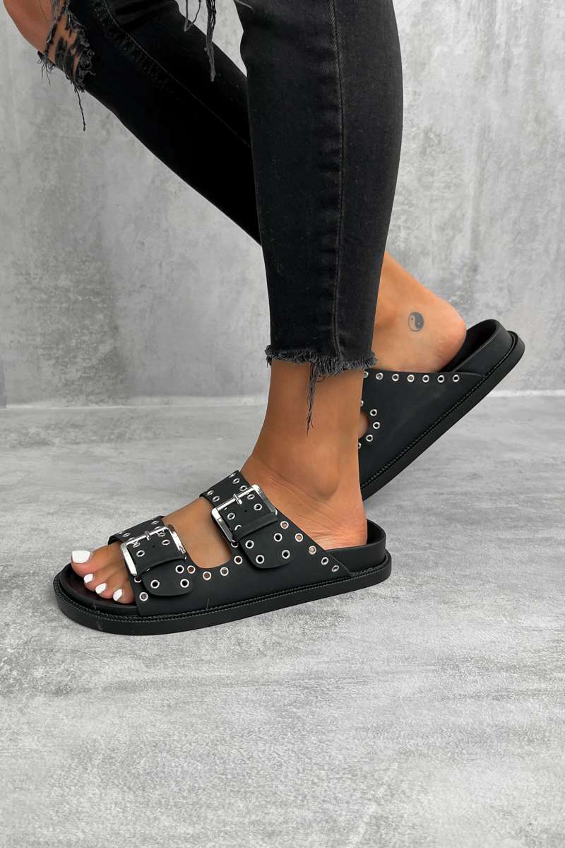 MALIA Chunky Eyelet Slider Sandals - Black - 2