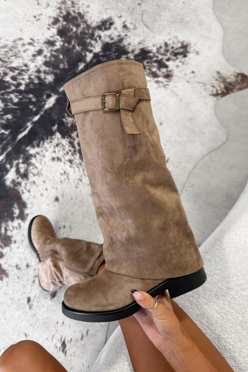 MARLEY Flared Knee High Boots - Beige Suede