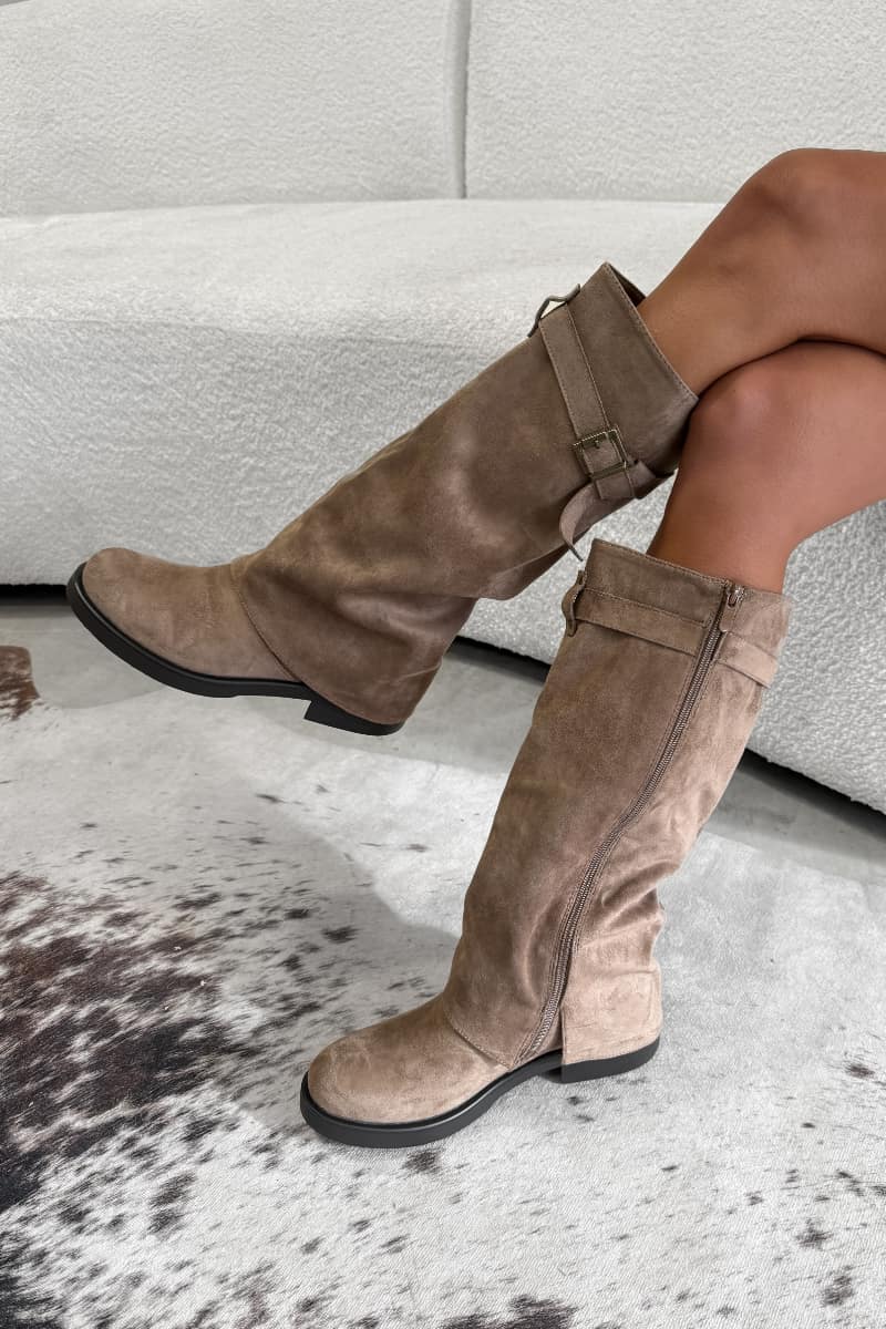 MARLEY Flared Knee High Boots - Beige Suede